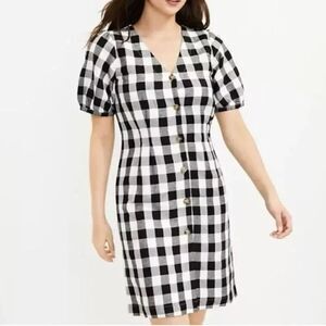 LOFT Gingham Plaid Linen Rayon Button Up Dress Black White V-Neck Women’s Size 2